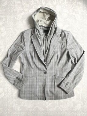 Cynthia Rowley Gray Plaid Blazer Detachable Hoodie Sz L